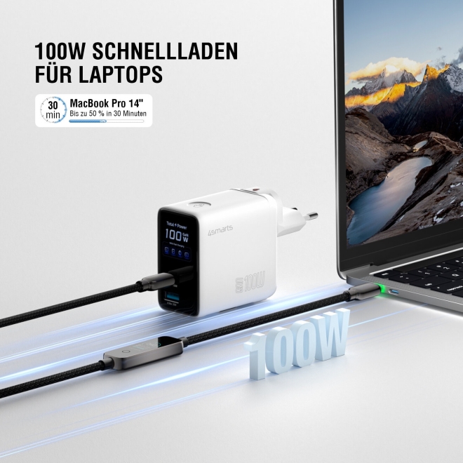4smarts Ladegerät GaN Flex Screen AI 100W 2 USB-C+1 USB-A